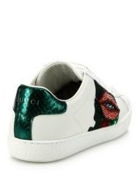 Gucci Ace Lip Embroidered Leather Low Top Sneakers
