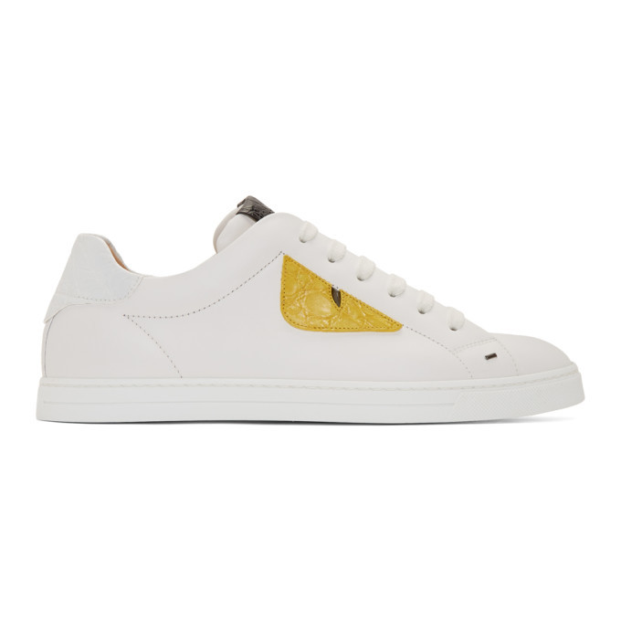 Fendi White Leather Bag Bugs Sneakers, $880 | SSENSE | Lookastic