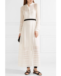 Oscar de la Renta Belted Lace Paneled Silk Georgette Maxi Dress White