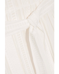 Oscar de la Renta Belted Lace Paneled Silk Georgette Maxi Dress White
