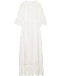 Anna Sui Daisy Fields Appliqud Silk Blend And Broderie Anglaise Cotton Maxi Dress White