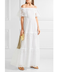 Valentino Off The Shoulder Broderie Anglaise Cotton Blend Maxi Dress White
