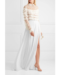 Elie Saab Fluted Silk Georgette Maxi Skirt Off White