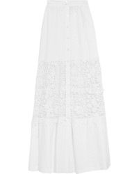 Miguelina Kimora Crocheted Cotton Paneled Linen Maxi Skirt White