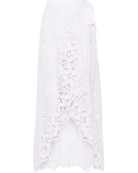 Miguelina Valencia Crocheted Cotton Lace Wrap Maxi Skirt White