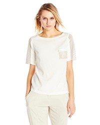 4 Corners Of A Circle Mesh Leather Stretch Silk Boat Neck Tee 2 Off White