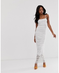 PrettyLittleThing Maxi Bodycon Dress With Ruched Detail In White Mesh