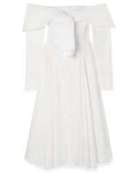 Rosie Assoulin Booby Trap Off The Shoulder Tie Front Cotton Blend Poplin Dress