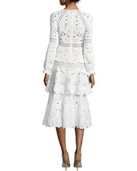 Oscar de la Renta Long Sleeve Macrame Midi Dress White