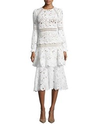 Oscar de la Renta Long Sleeve Macrame Midi Dress White