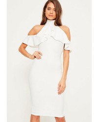 Missguided White High Neck Frill Cold Shoulder Midi Dress