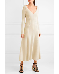Alexander McQueen Ribbed Wool Blend Midi Dress Ivory