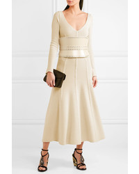 Alexander McQueen Ribbed Wool Blend Midi Dress Ivory