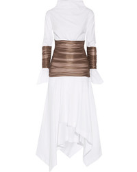 Loewe Ruched Mesh Paneled Cotton Poplin Midi Dress White