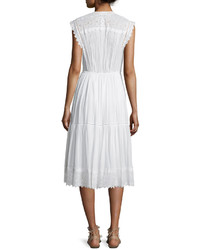 Rebecca Taylor Sleeveless Pintucked Lace Trim Midi Dress White
