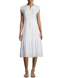 Rebecca Taylor Sleeveless Pintucked Lace Trim Midi Dress White