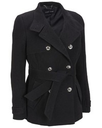 Black Rivet Faux Wool Twill Belted Military Jacket