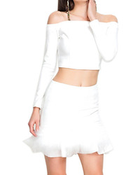 Romwe Wool Panel Bodycon Flouncing Sheer White Skirt