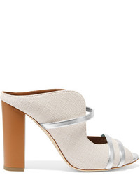 Malone Souliers Metallic Leather Trimmed Linen Mules White