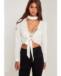 Missguided Choker Neck Tie Front Crop Top White