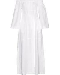 Lisa Marie Fernandez Off The Shoulder Pointelle Trimmed Linen Gauze Maxi Dress White