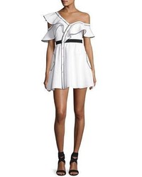 Self-Portrait Poplin Frill Asymmetric Mini Dress White
