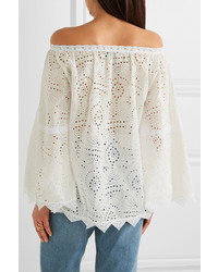 Burberry Off The Shoulder Lace Trimmed Broderie Anglaise Cotton Blend Top White