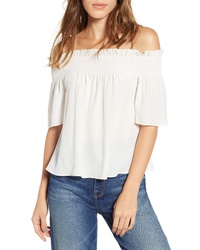 7 For All Mankind Off The Shoulder Smocked Silk Top