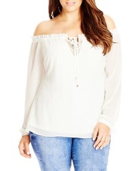 City Chic Plus Size Lace Inset Off The Shoulder Ruffle Top