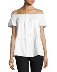 RED Valentino Smocked Off The Shoulder Short Sleeve Blouse White