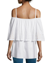 Tanya Taylor Designs Ione Luxe Poplin Cold Shoulder Eyelet Top White