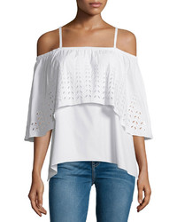 Tanya Taylor Designs Ione Luxe Poplin Cold Shoulder Eyelet Top White