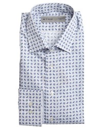 Etro White And Blue Cotton Paisley Print Spread Collar Dress Shirt