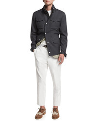 Brunello Cucinelli Flat Front Cotton Trousers Off White