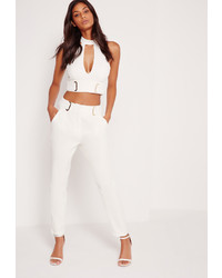 Missguided Oval D Ring Side Belt Pants White