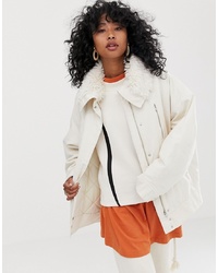Weekday Short Parka Jacket With Faux Fur Collar In Off White
