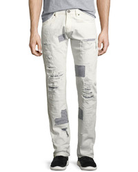 Mostly Heard Rarely Seen Shredded Patchwork Straight Leg Jeans White