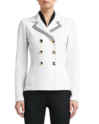 St. John Collection Double Milano Knit Double Breasted Pea Coat With Pockets And Striped Grosgrain Ribbon Trim