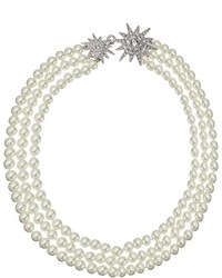 Kenneth Jay Lane 3 Row Cultura Pearl With Rhodium And Rhinestone Starburst Clasp Necklace