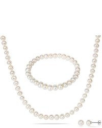 Ice Freshwater Pearl Elastic Bracelet Stud Earring And Silvertone Necklace Set