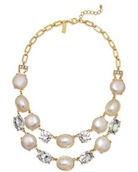 INC International Concepts 14k Gold Plated Faux Pearl And Crystal Two Row Bib Necklace
