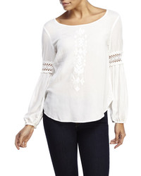 Andree White Embroidered Woven Peasant Blouse