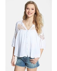 Angie Embroidered Mesh Inset Peasant Top White Large