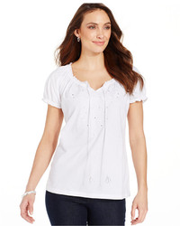 JM Collection Embellished Ruffle Trim Peasant Top