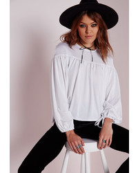 Missguided Tie Cuff Slinky Peasant Top White