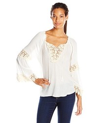 Democracy Woven Peasant Blouse With Crochet Trim And Drawstrings