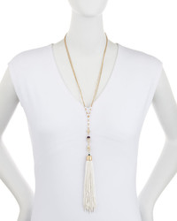 Lydell NYC Golden Beaded Y Drop Tassel Necklace White