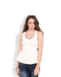 Deb Peplum Tank Top With Floral Stone Necklace Ivory