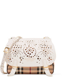 Burberry Perforated Checked Textured Leather Shoulder Bag Off White