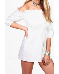 Boohoo Mya Off The Shoulder Button Front Cotton Playsuit